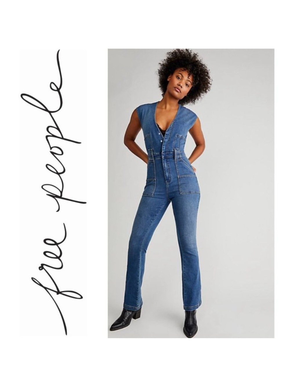 Free People Sleeveless Denim Utility Jumpsuit in Blue